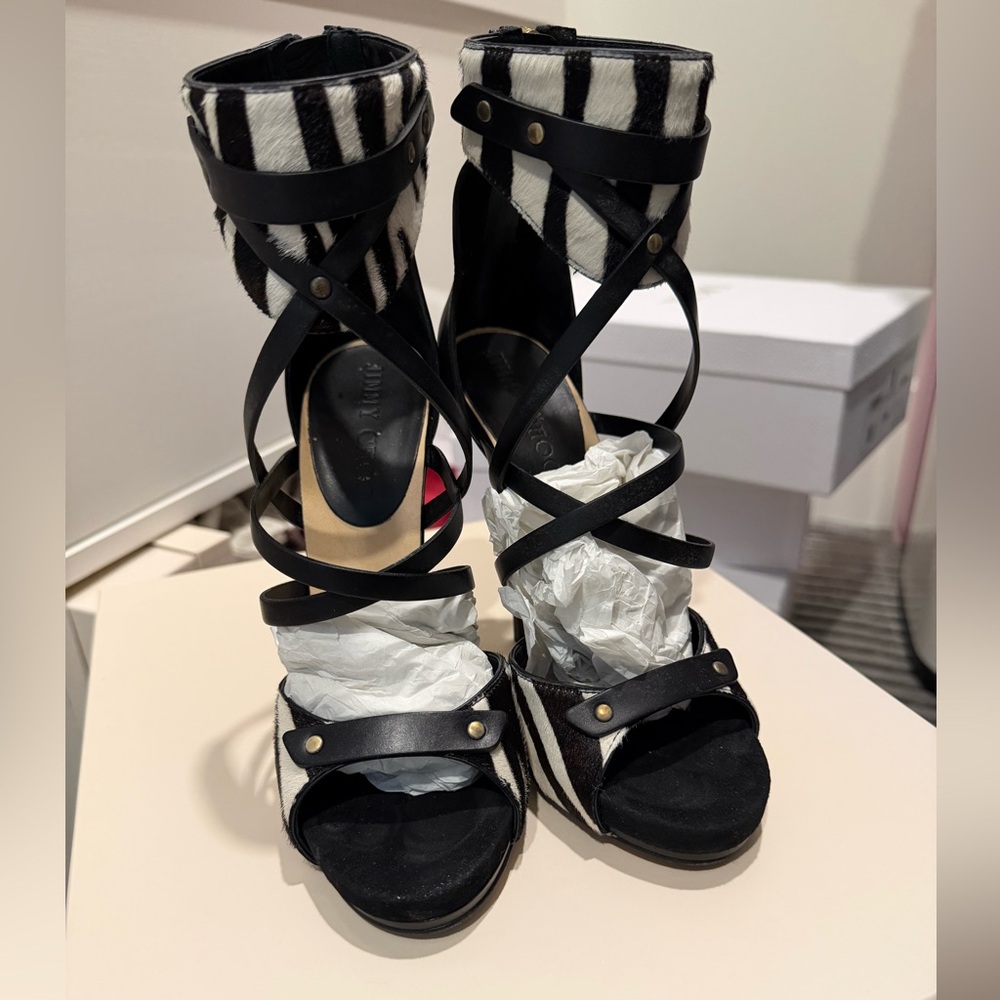 Jimmy Choo strappy black heels with zebra print
